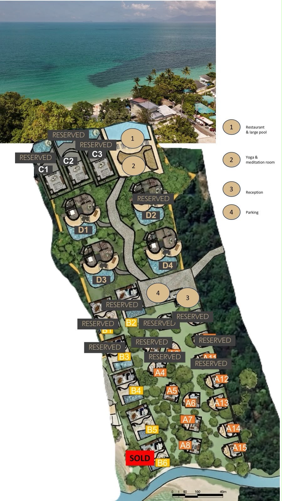 Detailed aerial masterplan of the SHA KOON private domain with villa availability